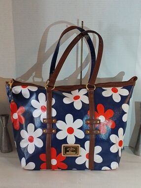 Sam & Hadley Navy Floral Tote with Red and White Blooms